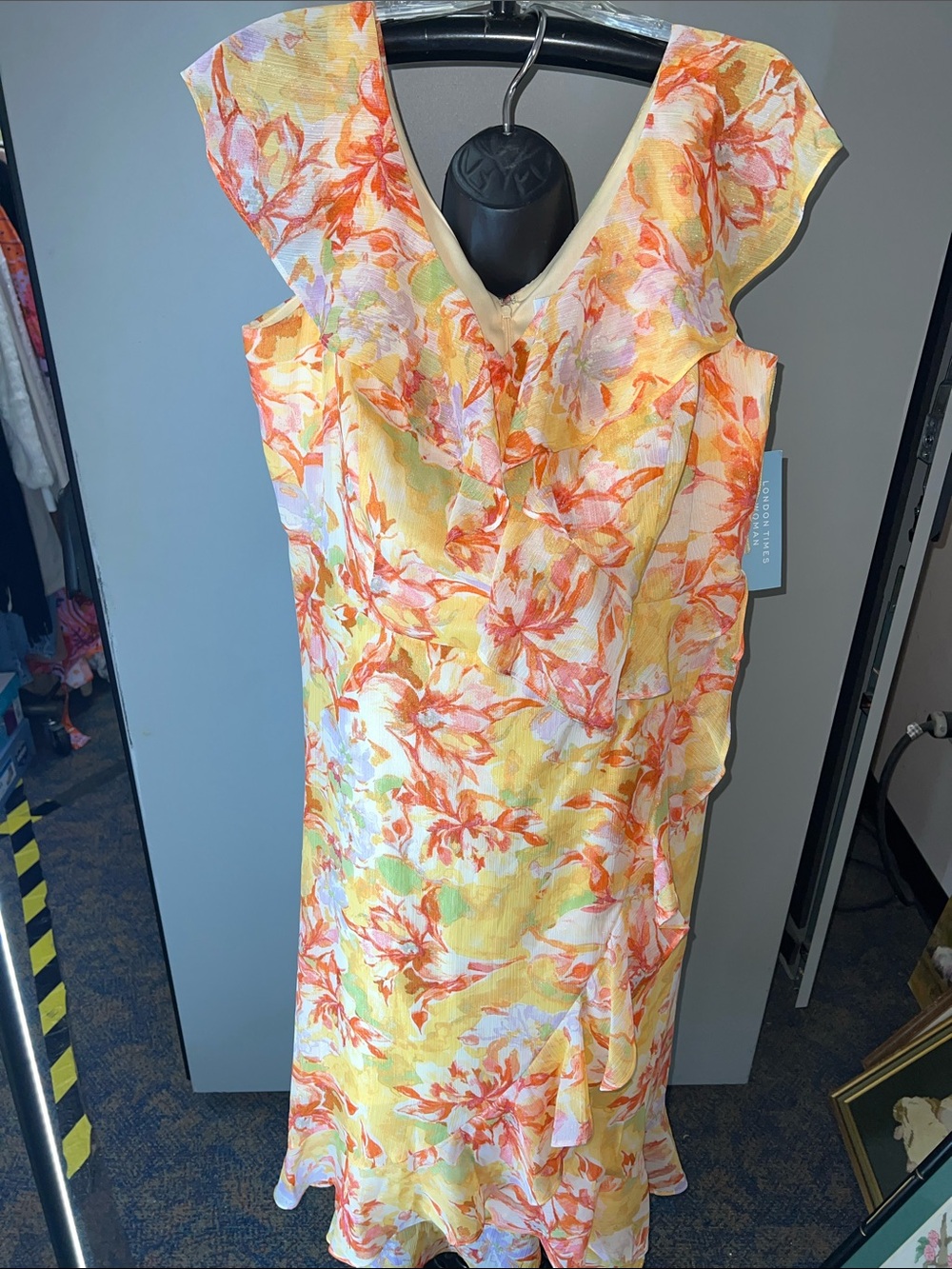 London Times Yellow Floral Maxi Dress with Orange Accents